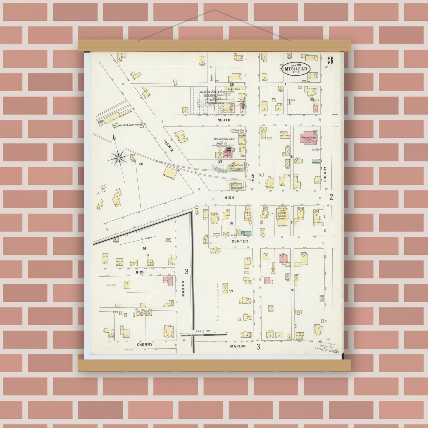 Old map wall art mockup — magnetic wood frame on brick wall — Sanborn Fire Insurance Map from Mount Gilead, Morrow County, Ohio (1897), Sheet #0003