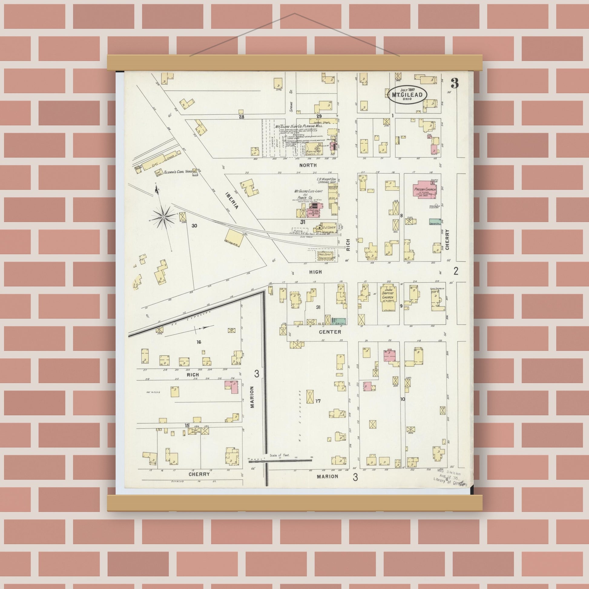 Old map wall art mockup — magnetic wood frame on brick wall — Sanborn Fire Insurance Map from Mount Gilead, Morrow County, Ohio (1897), Sheet #0003