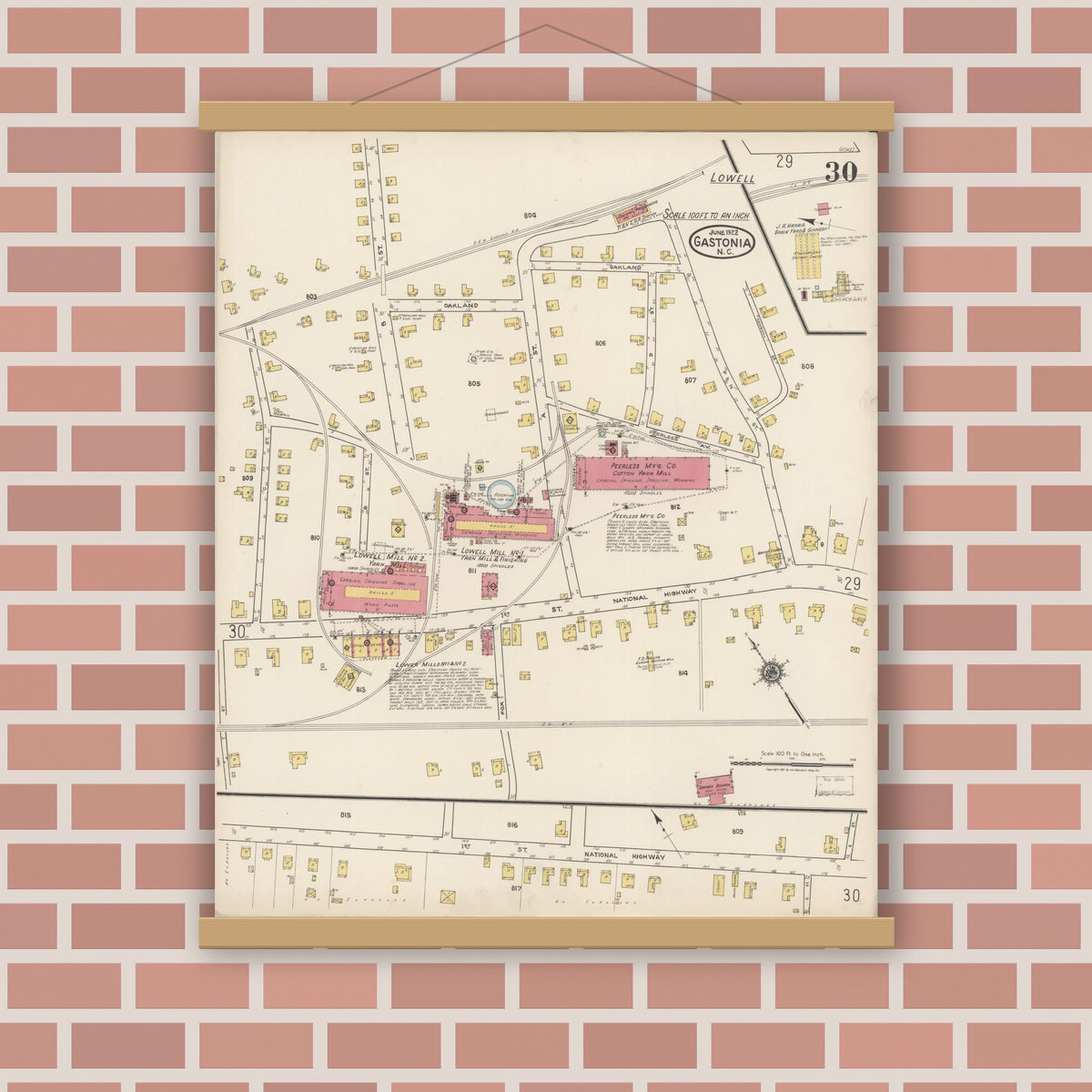 Old map wall art mockup — magnetic wood frame on brick wall — Sanborn Fire Insurance Map from Gastonia, Gaston County, North Carolina (1922), Sheet #0030