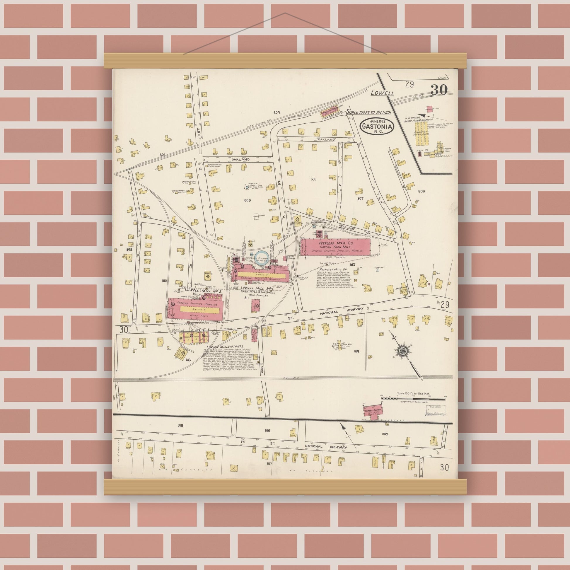 Old map wall art mockup — magnetic wood frame on brick wall — Sanborn Fire Insurance Map from Gastonia, Gaston County, North Carolina (1922), Sheet #0030