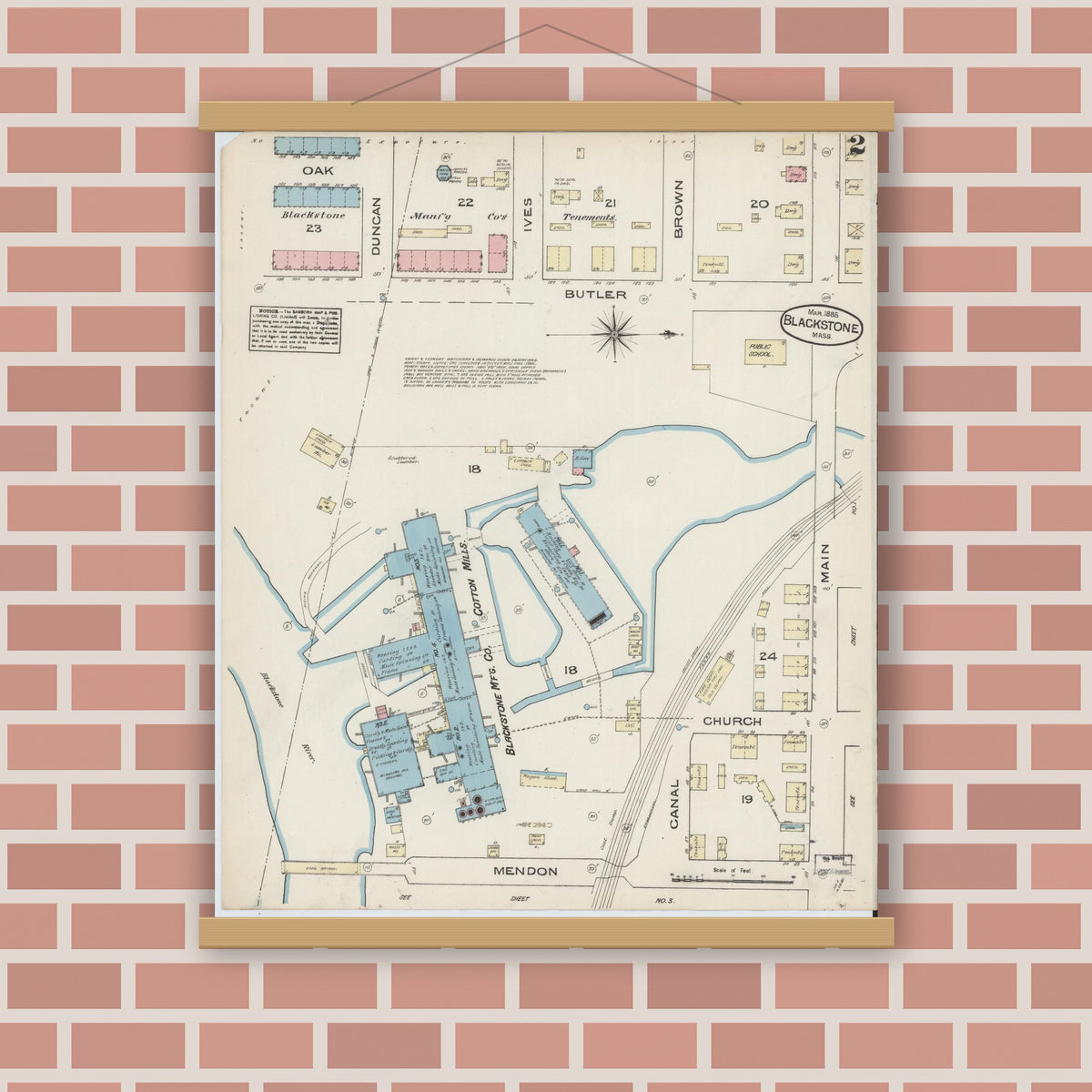 Old map wall art mockup — magnetic wood frame on brick wall — Sanborn Fire Insurance Map from Blackstone, Worcester County, Massachusetts (1885), Sheet #0002