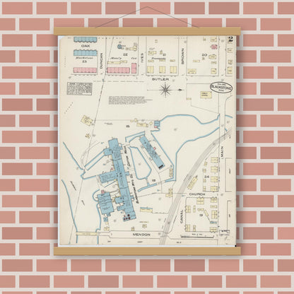 Old map wall art mockup — magnetic wood frame on brick wall — Sanborn Fire Insurance Map from Blackstone, Worcester County, Massachusetts (1885), Sheet #0002