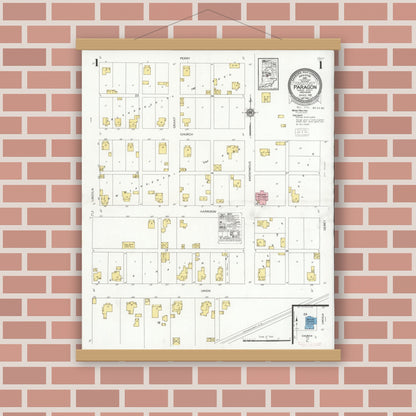 Old map wall art mockup — magnetic wood frame on brick wall — Sanborn Fire Insurance Map from Paragon, Morgan County, Indiana (1929) - Complete Map Set