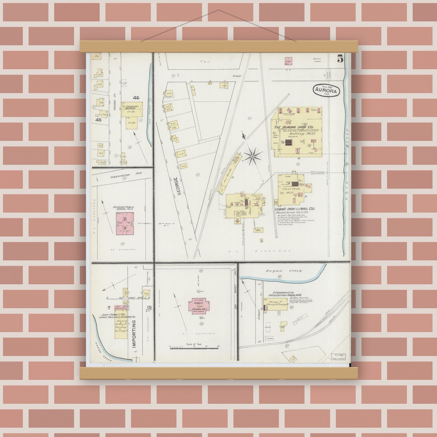 Old map wall art mockup — magnetic wood frame on brick wall — Sanborn Fire Insurance Map from Aurora, Dearborn County, Indiana (1887), Sheet #0005