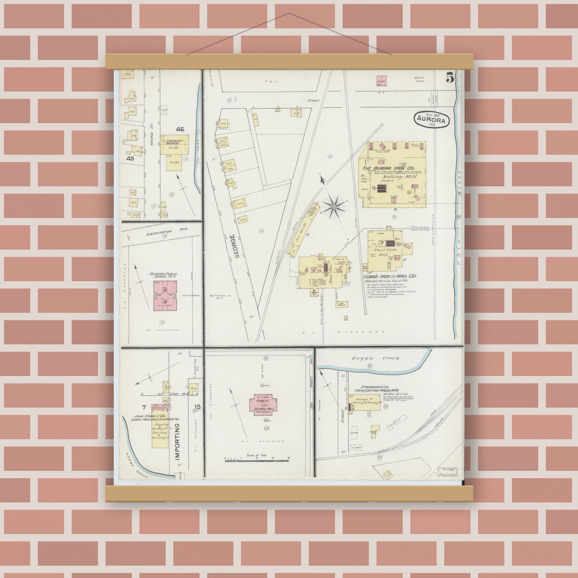 Old map wall art mockup — magnetic wood frame on brick wall — Sanborn Fire Insurance Map from Aurora, Dearborn County, Indiana (1887), Sheet #0005