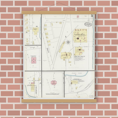 Old map wall art mockup — magnetic wood frame on brick wall — Sanborn Fire Insurance Map from Aurora, Dearborn County, Indiana (1887), Sheet #0005