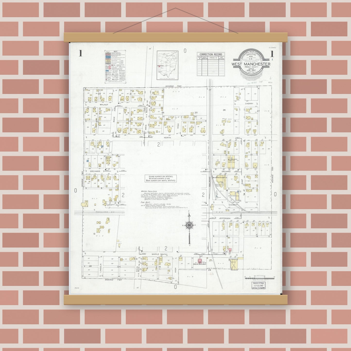Old map wall art mockup — magnetic wood frame on brick wall — Sanborn Fire Insurance Map from West Manchester, Preble County, Ohio (1947) - Complete Map Set