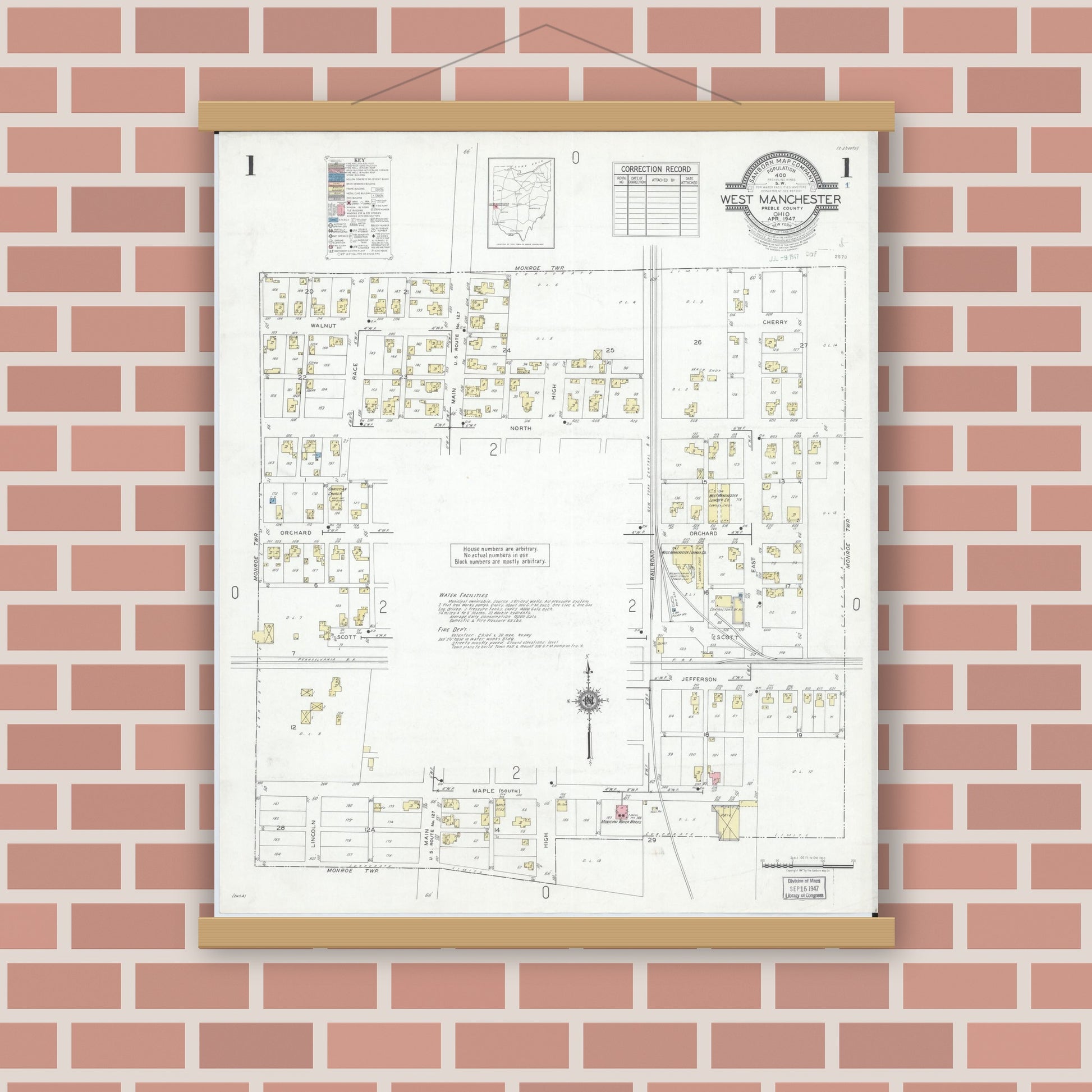 Old map wall art mockup — magnetic wood frame on brick wall — Sanborn Fire Insurance Map from West Manchester, Preble County, Ohio (1947) - Complete Map Set