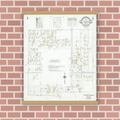 Old map wall art mockup — magnetic wood frame on brick wall — Sanborn Fire Insurance Map from West Manchester, Preble County, Ohio (1947) - Complete Map Set