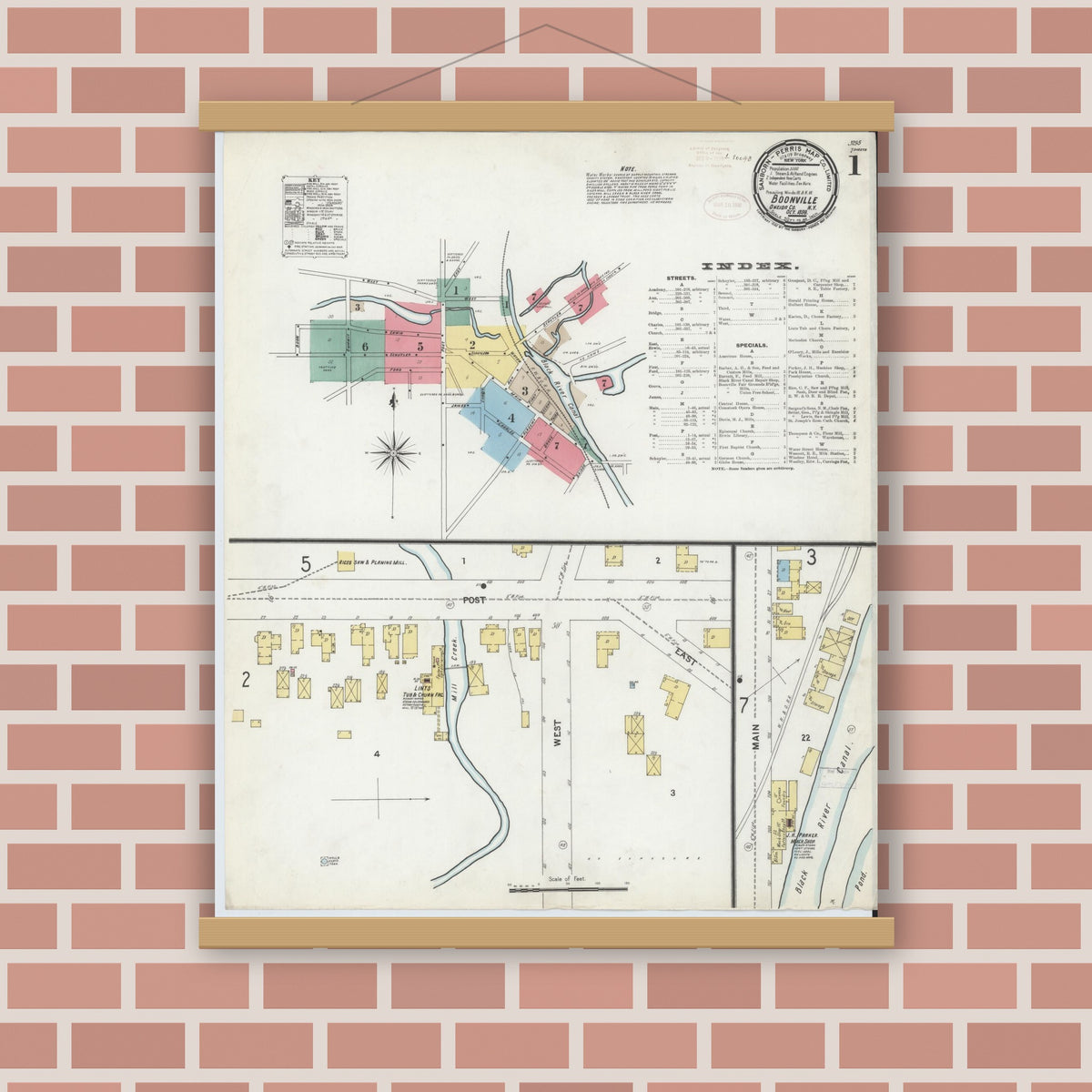 Old map wall art mockup — magnetic wood frame on brick wall — Sanborn Fire Insurance Map from Boonville, Oneida County, New York (1899) - Complete Map Set