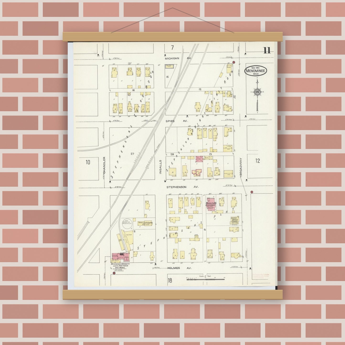 Old map wall art mockup — magnetic wood frame on brick wall — Sanborn Fire Insurance Map from Menominee, Menominee County, Michigan (1913), Sheet #0011