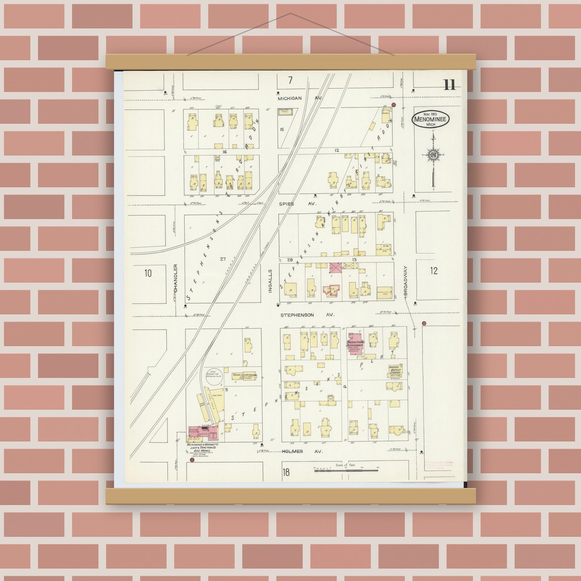 Old map wall art mockup — magnetic wood frame on brick wall — Sanborn Fire Insurance Map from Menominee, Menominee County, Michigan (1913), Sheet #0011