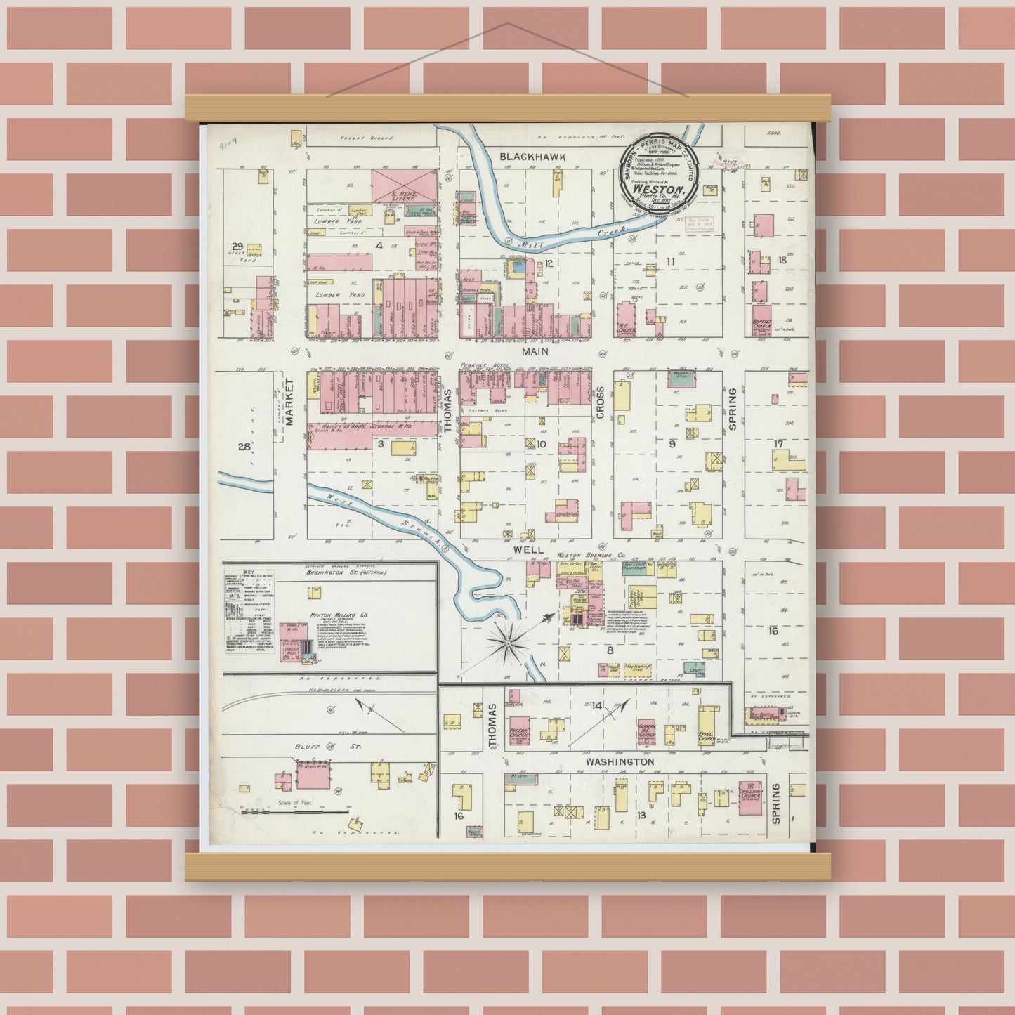 Old map wall art mockup — magnetic wood frame on brick wall — Sanborn Fire Insurance Map from Weston, Platte County, Missouri (1892), Sheet #0001