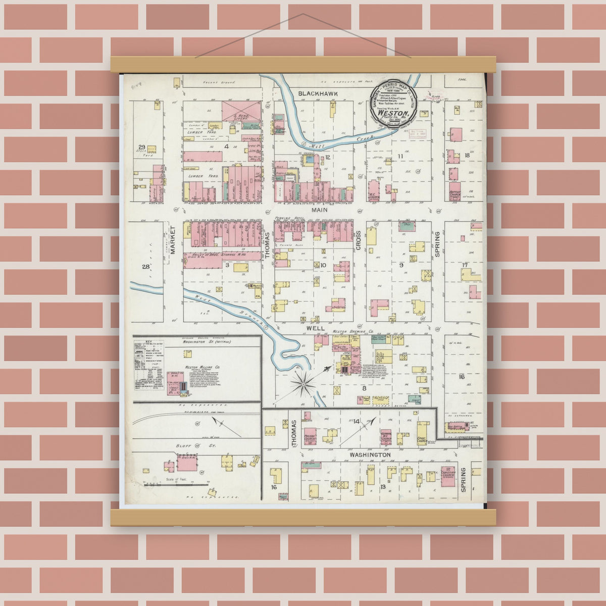 Old map wall art mockup — magnetic wood frame on brick wall — Sanborn Fire Insurance Map from Weston, Platte County, Missouri (1892), Sheet #0001