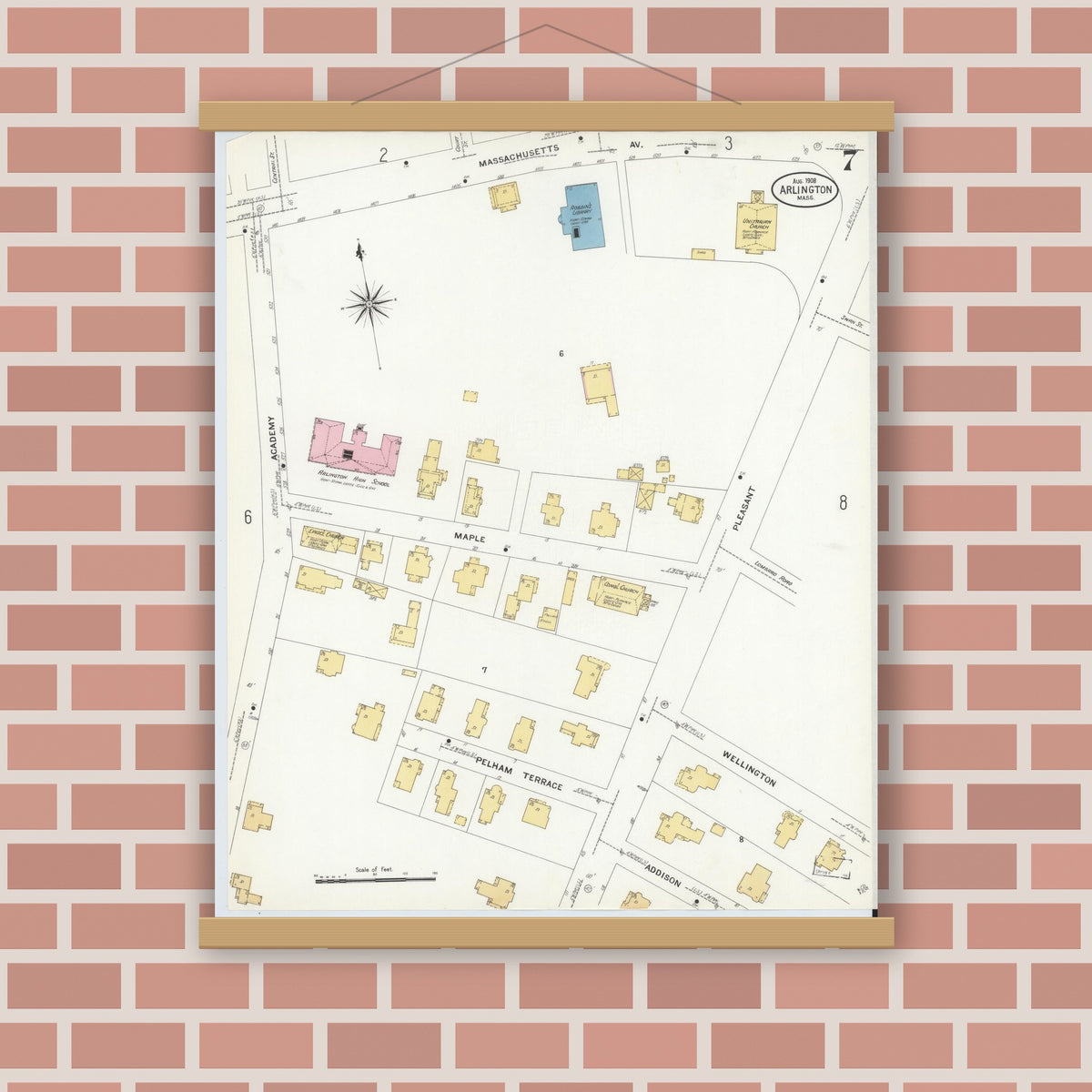 Old map wall art mockup — magnetic wood frame on brick wall — Sanborn Fire Insurance Map from Arlington, Middlesex County, Massachusetts (1908), Sheet #0007