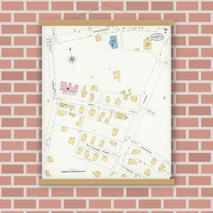 Old map wall art mockup — magnetic wood frame on brick wall — Sanborn Fire Insurance Map from Arlington, Middlesex County, Massachusetts (1908), Sheet #0007
