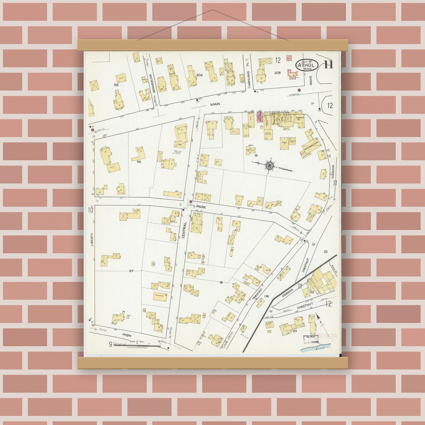 Old map wall art mockup — magnetic wood frame on brick wall — Sanborn Fire Insurance Map from Athol, Worcester County, Massachusetts (1917), Sheet #0011