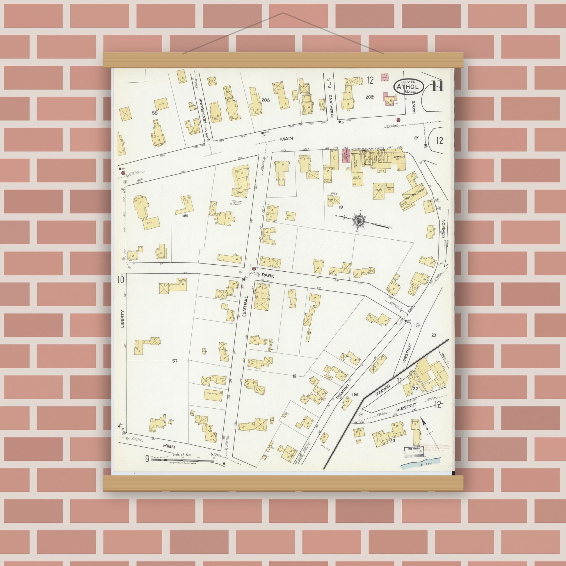 Old map wall art mockup — magnetic wood frame on brick wall — Sanborn Fire Insurance Map from Athol, Worcester County, Massachusetts (1917), Sheet #0011