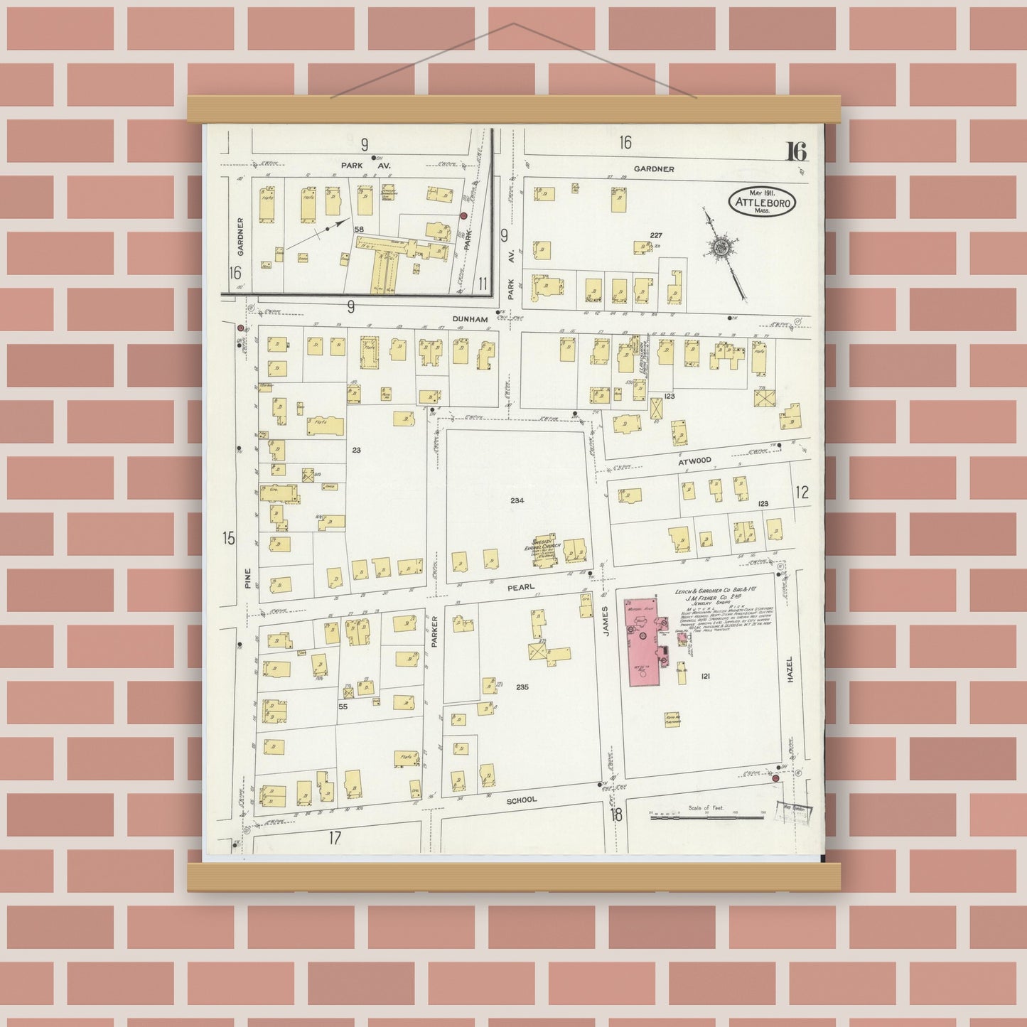 Old map wall art mockup — magnetic wood frame on brick wall — Sanborn Fire Insurance Map from Attleboro, Bristol County, Massachusetts (1911), Sheet #0016