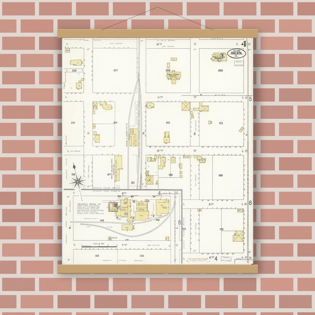 Old map wall art mockup — magnetic wood frame on brick wall — Sanborn Fire Insurance Map from Arcata, Humboldt County, California (1908), Sheet #0004