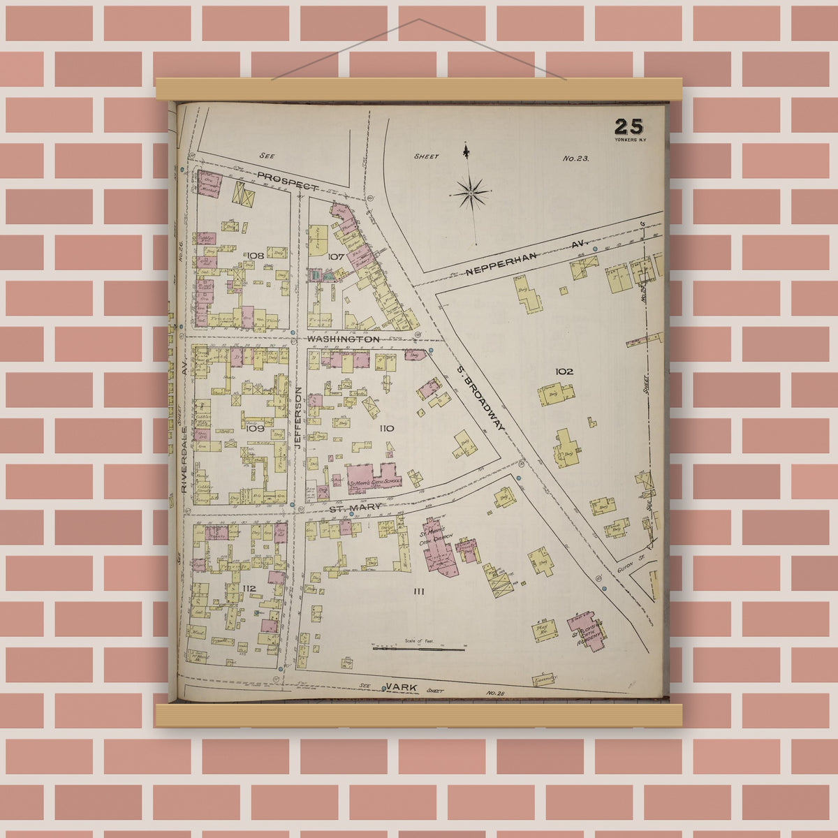 Old map wall art mockup — magnetic wood frame on brick wall — Sanborn Fire Insurance Map from Yonkers, Westchester County, New York (1886), Sheet #0025