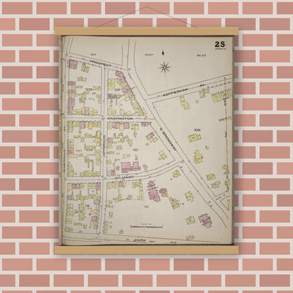 Old map wall art mockup — magnetic wood frame on brick wall — Sanborn Fire Insurance Map from Yonkers, Westchester County, New York (1886), Sheet #0025