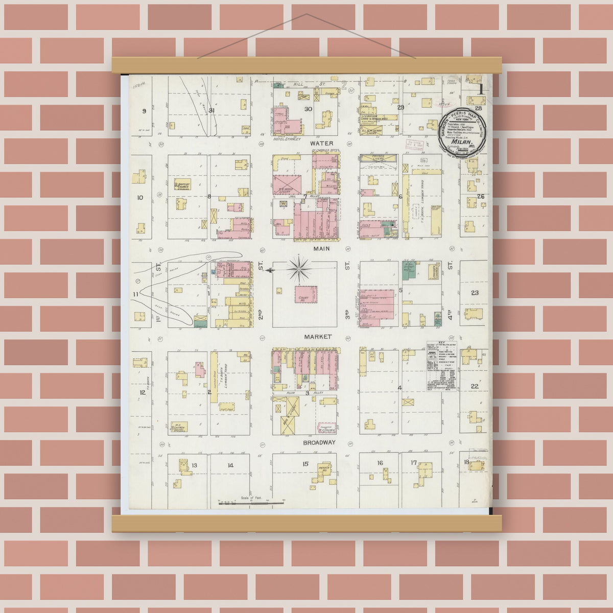 Old map wall art mockup — magnetic wood frame on brick wall — Sanborn Fire Insurance Map from Milan, Sullivan County, Missouri (1893) - Complete Map Set