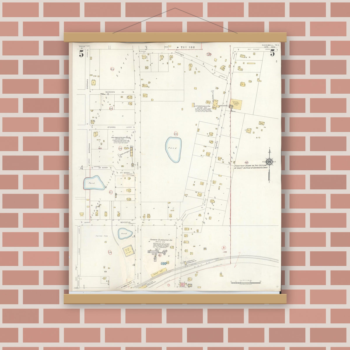 Old map wall art mockup — magnetic wood frame on brick wall — Sanborn Fire Insurance Map from Rockwall, Rockwall County, Texas (1945), Sheet #0005