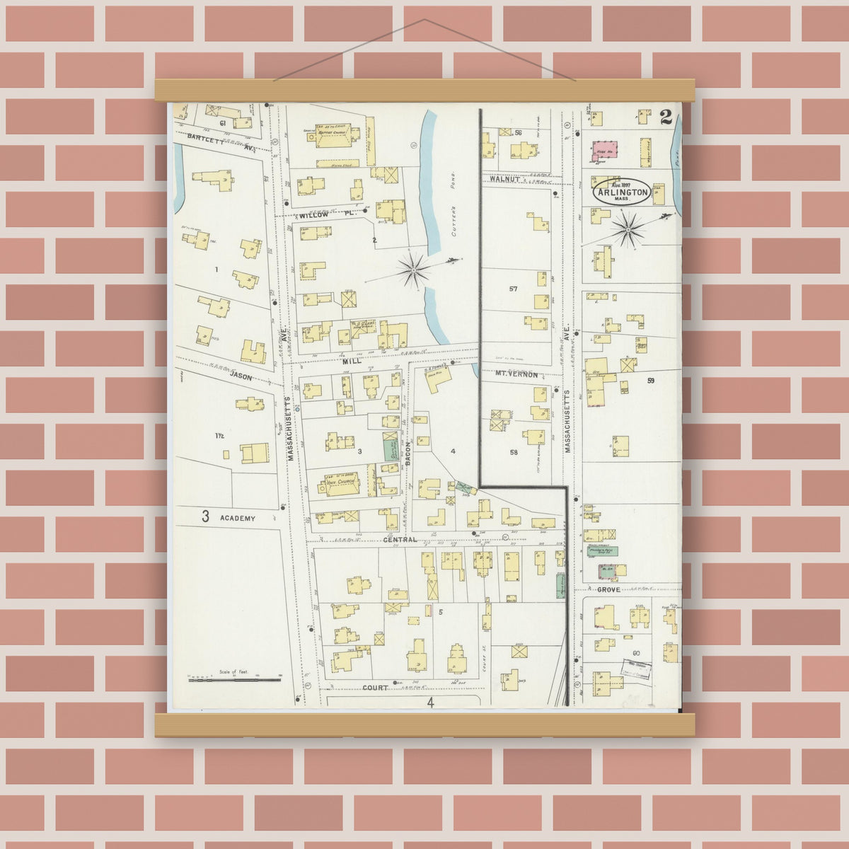Old map wall art mockup — magnetic wood frame on brick wall — Sanborn Fire Insurance Map from Arlington, Middlesex County, Massachusetts (1897), Sheet #0002