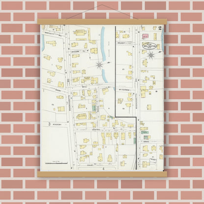 Old map wall art mockup — magnetic wood frame on brick wall — Sanborn Fire Insurance Map from Arlington, Middlesex County, Massachusetts (1897), Sheet #0002