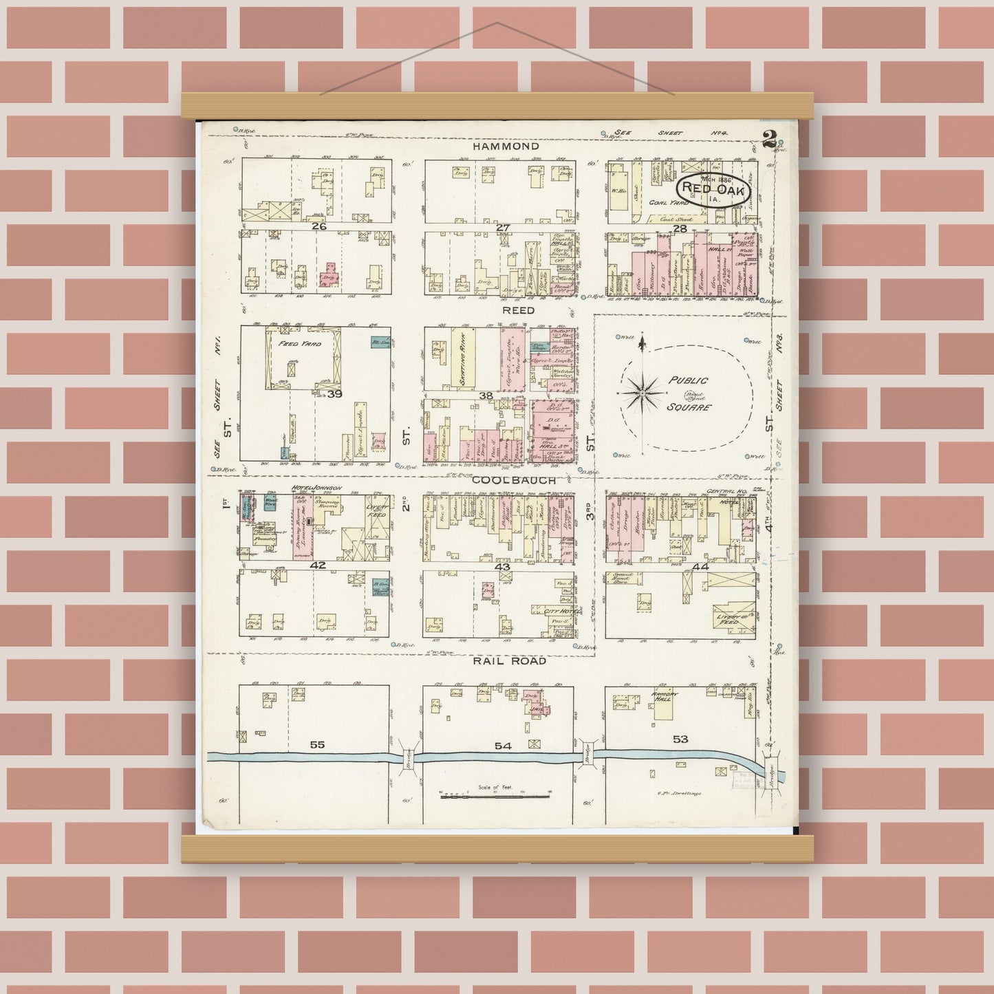 Old map wall art mockup — magnetic wood frame on brick wall — Sanborn Fire Insurance Map from Red Oak, Montgomery County, Iowa (1886), Sheet #0002