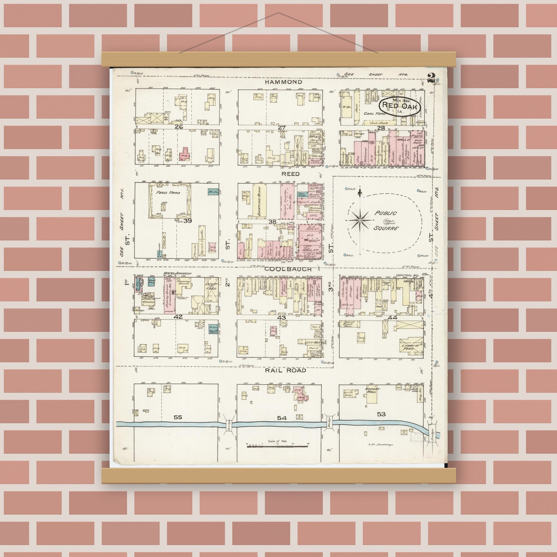 Old map wall art mockup — magnetic wood frame on brick wall — Sanborn Fire Insurance Map from Red Oak, Montgomery County, Iowa (1886), Sheet #0002
