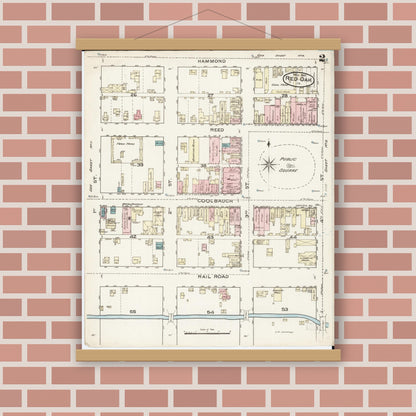 Old map wall art mockup — magnetic wood frame on brick wall — Sanborn Fire Insurance Map from Red Oak, Montgomery County, Iowa (1886), Sheet #0002