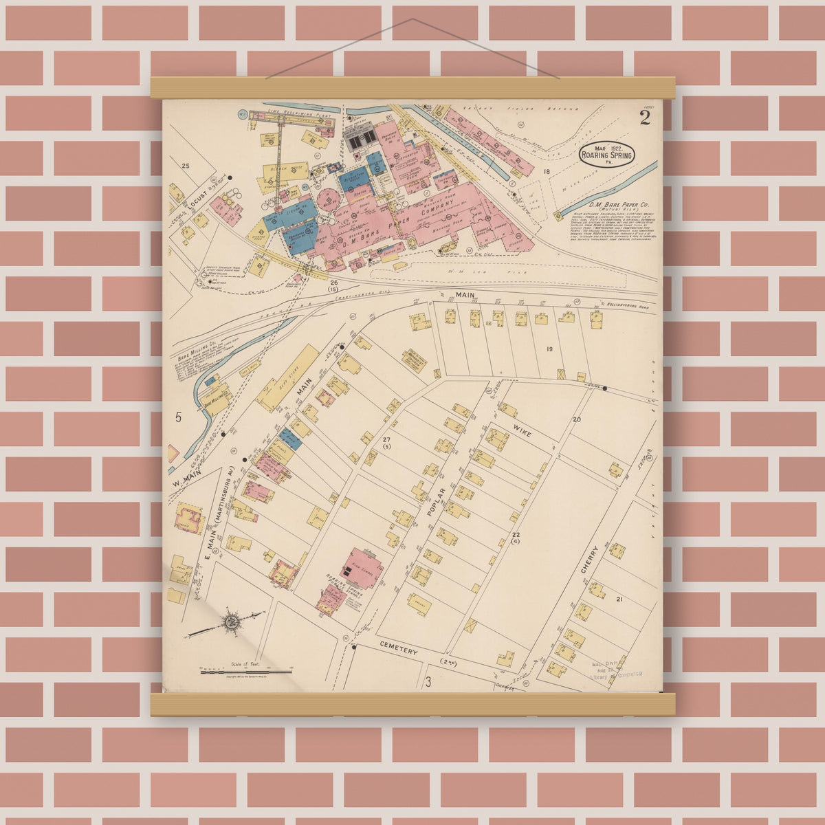 Old map wall art mockup — magnetic wood frame on brick wall — Sanborn Fire Insurance Map from Roaring Spring, Blair County, Pennsylvania (1922), Sheet #0002
