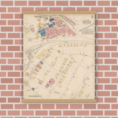 Old map wall art mockup — magnetic wood frame on brick wall — Sanborn Fire Insurance Map from Roaring Spring, Blair County, Pennsylvania (1922), Sheet #0002