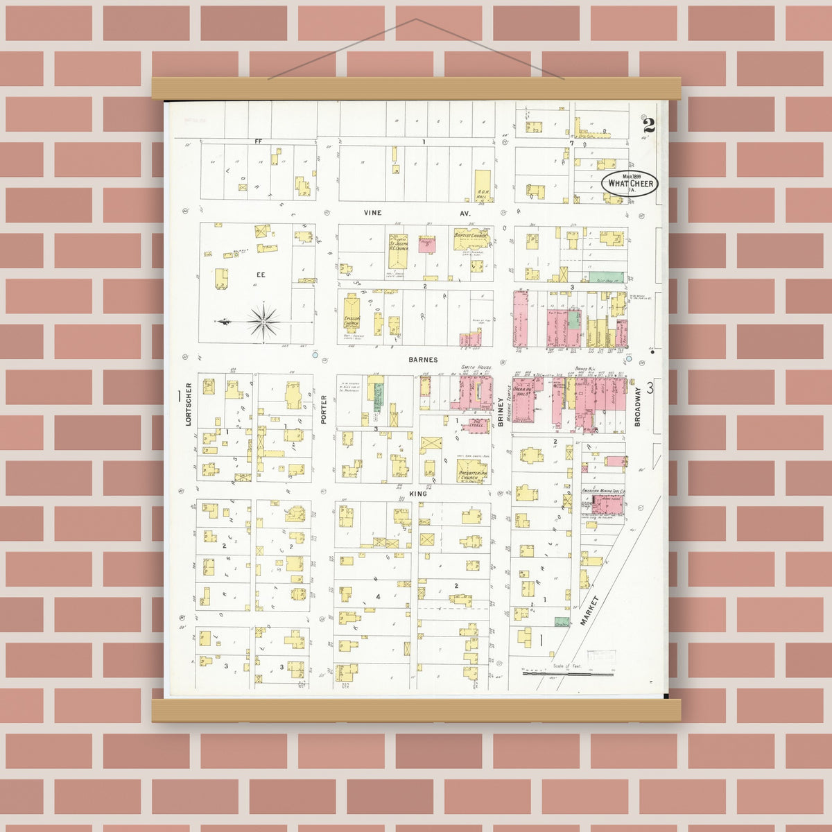 Old map wall art mockup — magnetic wood frame on brick wall — Sanborn Fire Insurance Map from What Cheer, Keokuk County, Iowa (1899), Sheet #0002