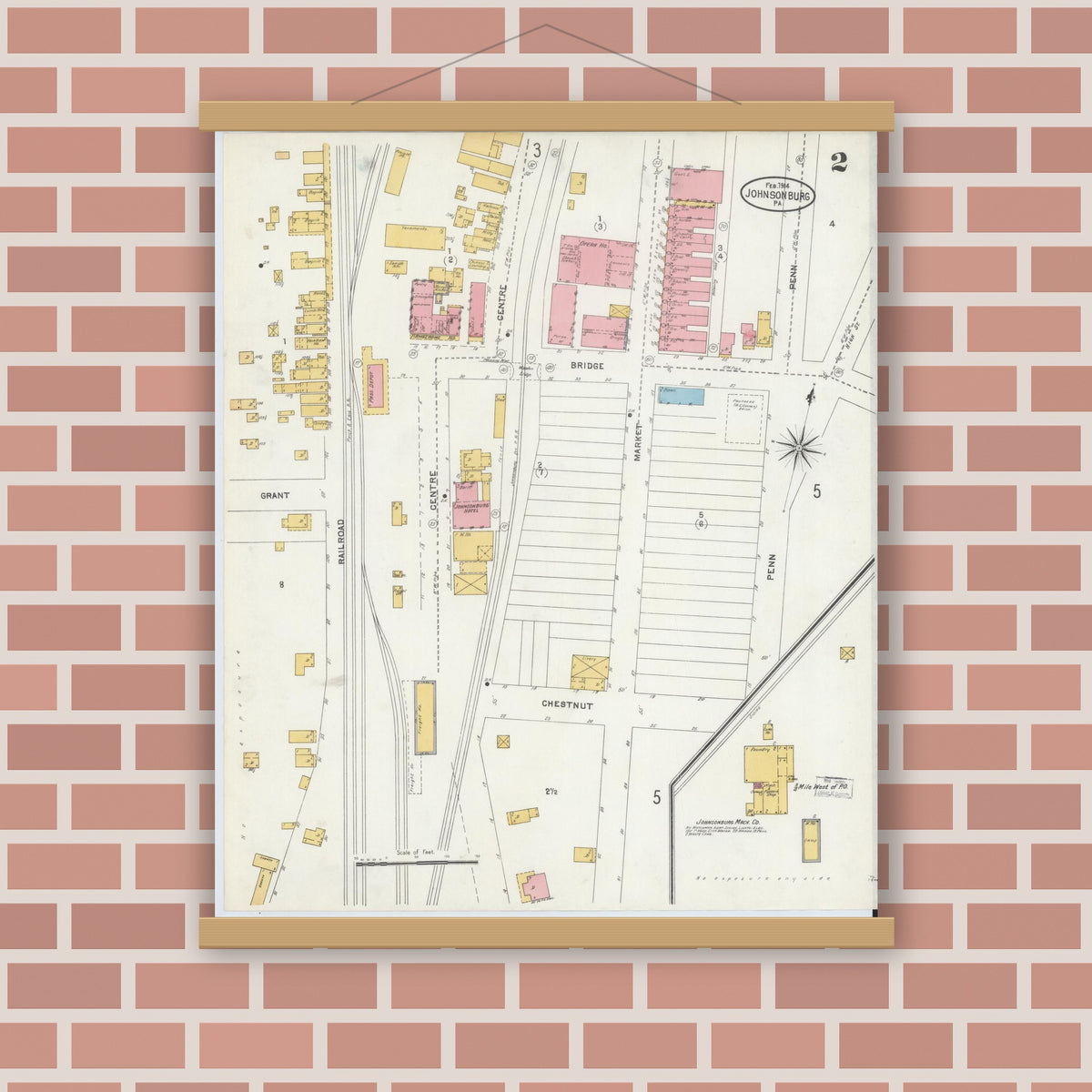 Old map wall art mockup — magnetic wood frame on brick wall — Sanborn Fire Insurance Map from Johnsonburg, Elk County, Pennsylvania (1904), Sheet #0002