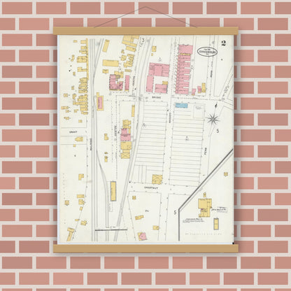 Old map wall art mockup — magnetic wood frame on brick wall — Sanborn Fire Insurance Map from Johnsonburg, Elk County, Pennsylvania (1904), Sheet #0002