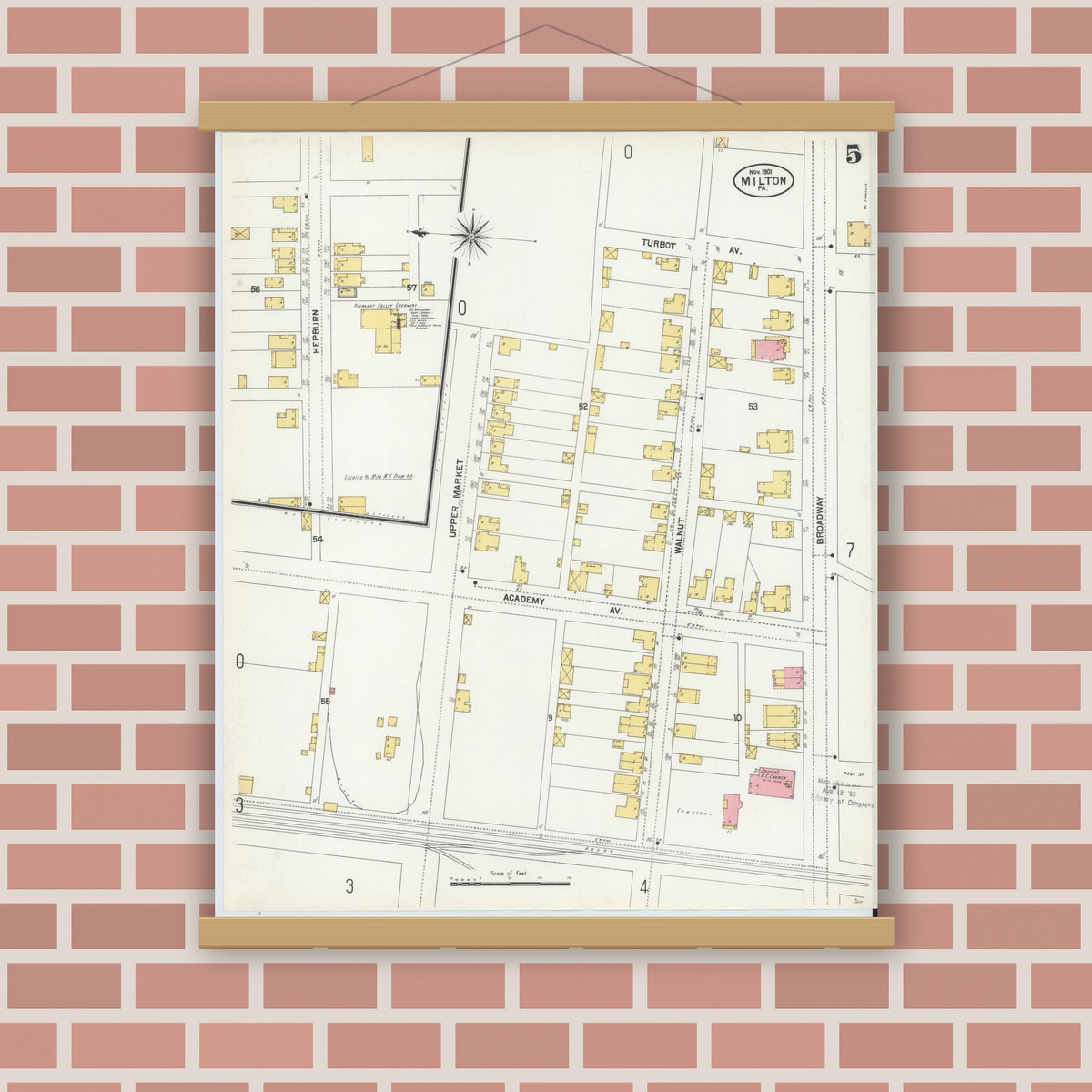 Old map wall art mockup — magnetic wood frame on brick wall — Sanborn Fire Insurance Map from Milton, Northumberland County, Pennsylvania (1901), Sheet #0005