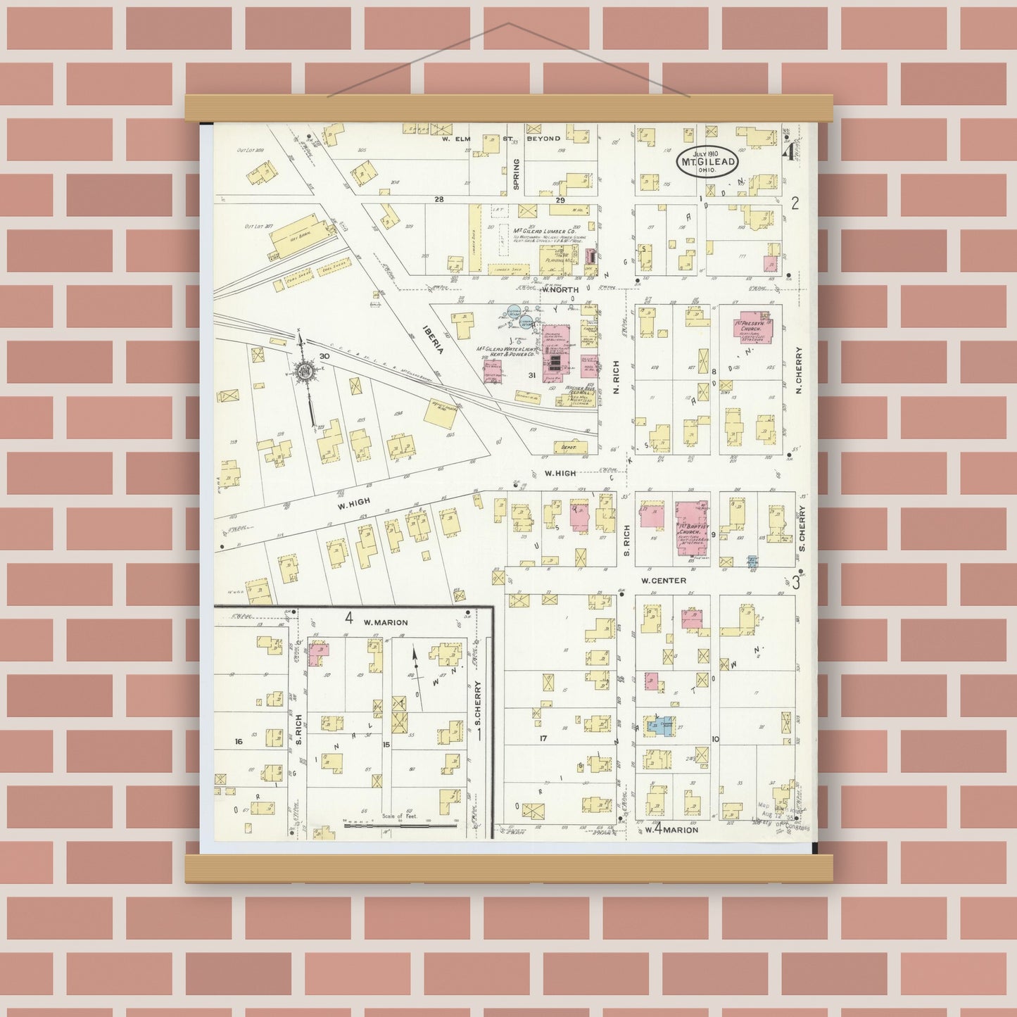 Old map wall art mockup — magnetic wood frame on brick wall — Sanborn Fire Insurance Map from Mount Gilead, Morrow County, Ohio (1910), Sheet #0004