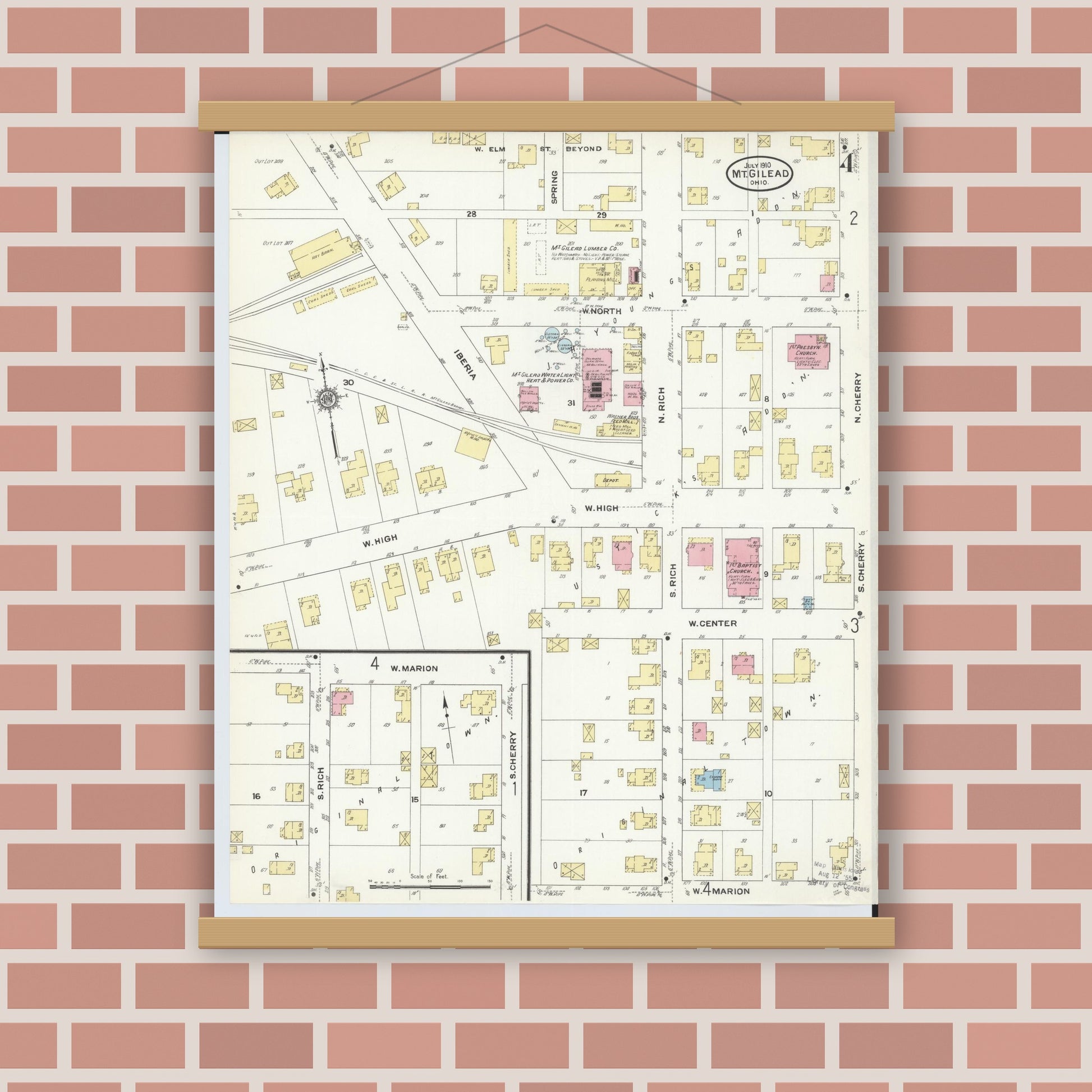 Old map wall art mockup — magnetic wood frame on brick wall — Sanborn Fire Insurance Map from Mount Gilead, Morrow County, Ohio (1910), Sheet #0004