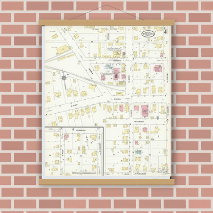 Old map wall art mockup — magnetic wood frame on brick wall — Sanborn Fire Insurance Map from Mount Gilead, Morrow County, Ohio (1910), Sheet #0004