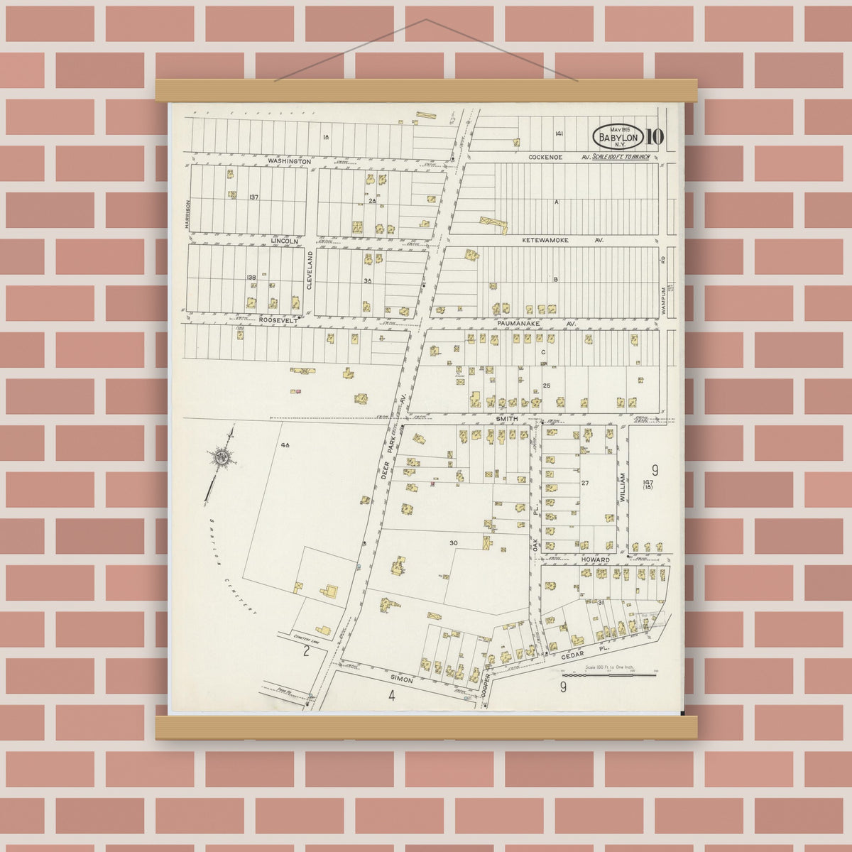 Old map wall art mockup — magnetic wood frame on brick wall — Sanborn Fire Insurance Map from Babylon, Suffolk County, New York (1915), Sheet #0010