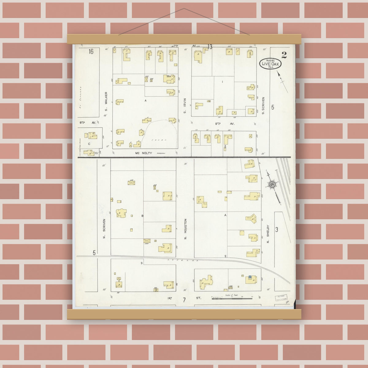 Old map wall art mockup — magnetic wood frame on brick wall — Sanborn Fire Insurance Map from Live Oak, Suwanee County, Florida (1912), Sheet #0002
