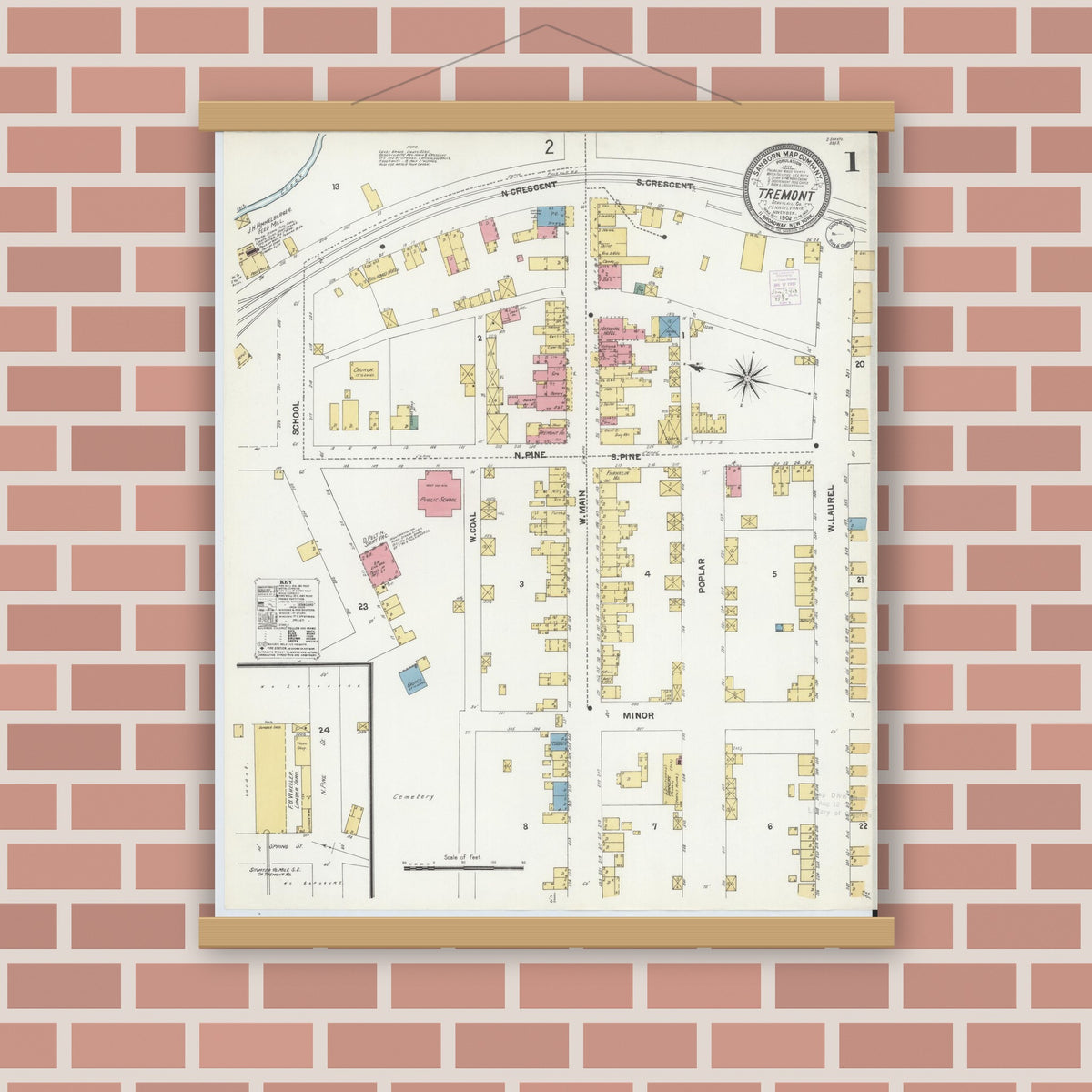 Old map wall art mockup — magnetic wood frame on brick wall — Sanborn Fire Insurance Map from Tremont, Schuylkill County, Pennsylvania (1902), Sheet #0001