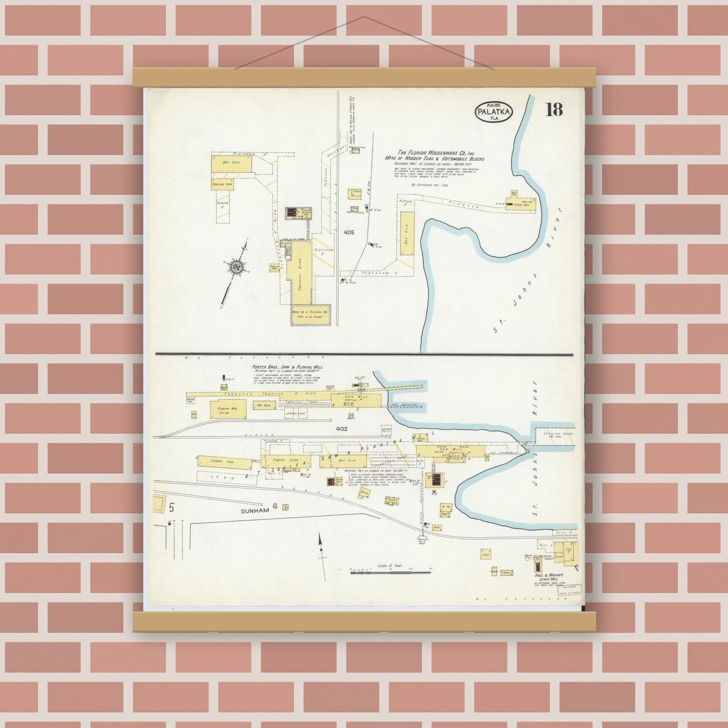Old map wall art mockup — magnetic wood frame on brick wall — Sanborn Fire Insurance Map from Palatka, Putnam County, Florida (1915), Sheet #0018