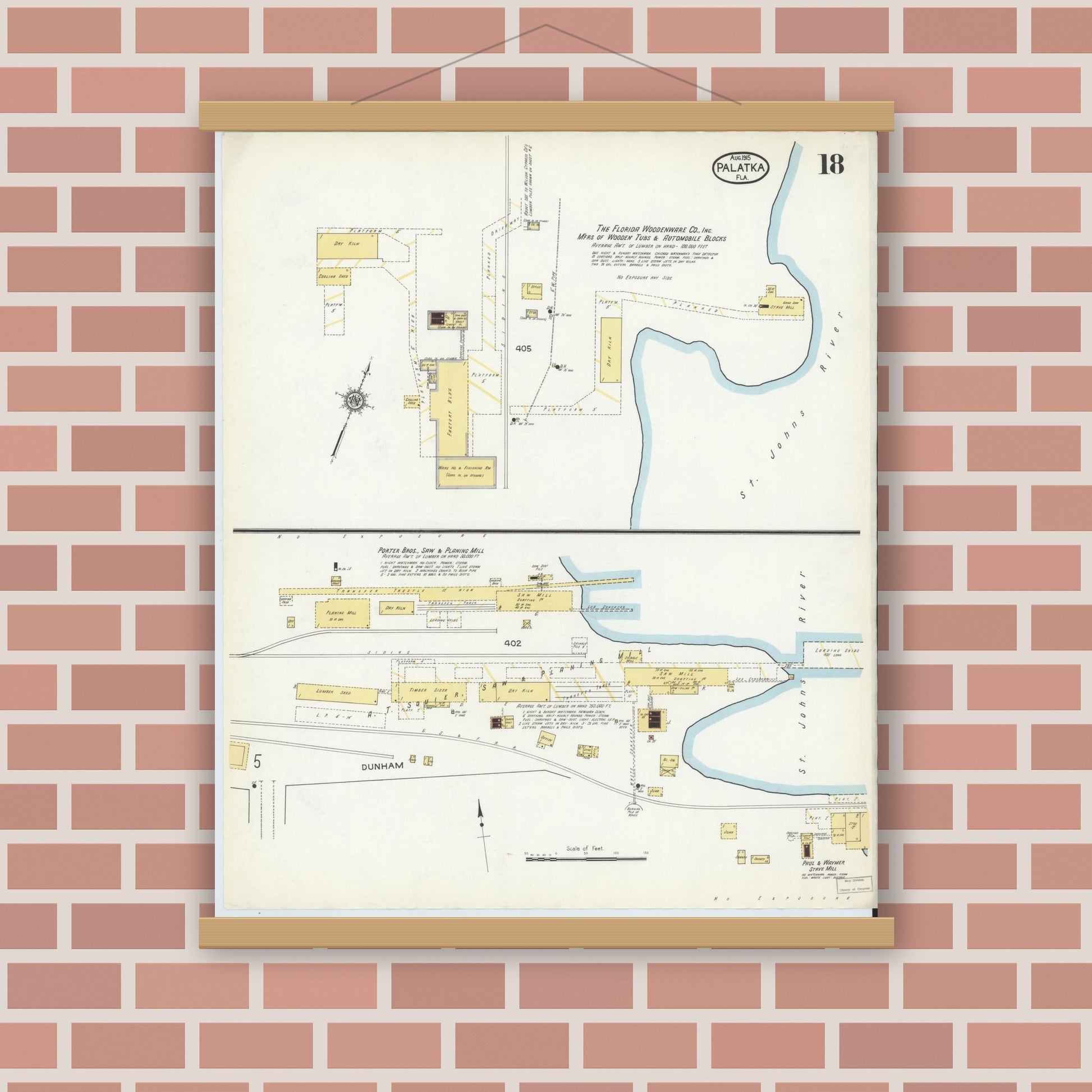 Old map wall art mockup — magnetic wood frame on brick wall — Sanborn Fire Insurance Map from Palatka, Putnam County, Florida (1915), Sheet #0018