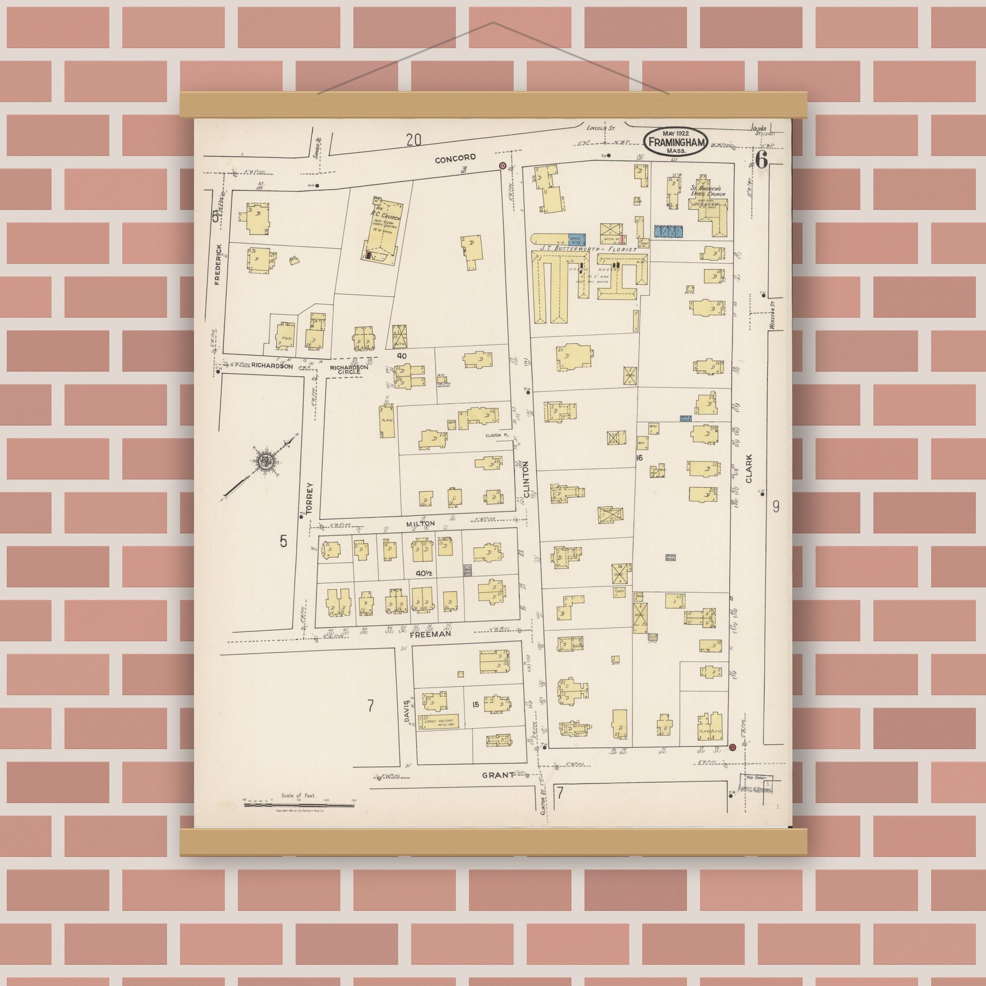 Old map wall art mockup — magnetic wood frame on brick wall — Sanborn Fire Insurance Map from Framingham, Middlesex County, Massachusetts (1922), Sheet #0006