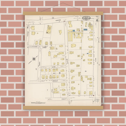 Old map wall art mockup — magnetic wood frame on brick wall — Sanborn Fire Insurance Map from Framingham, Middlesex County, Massachusetts (1922), Sheet #0006