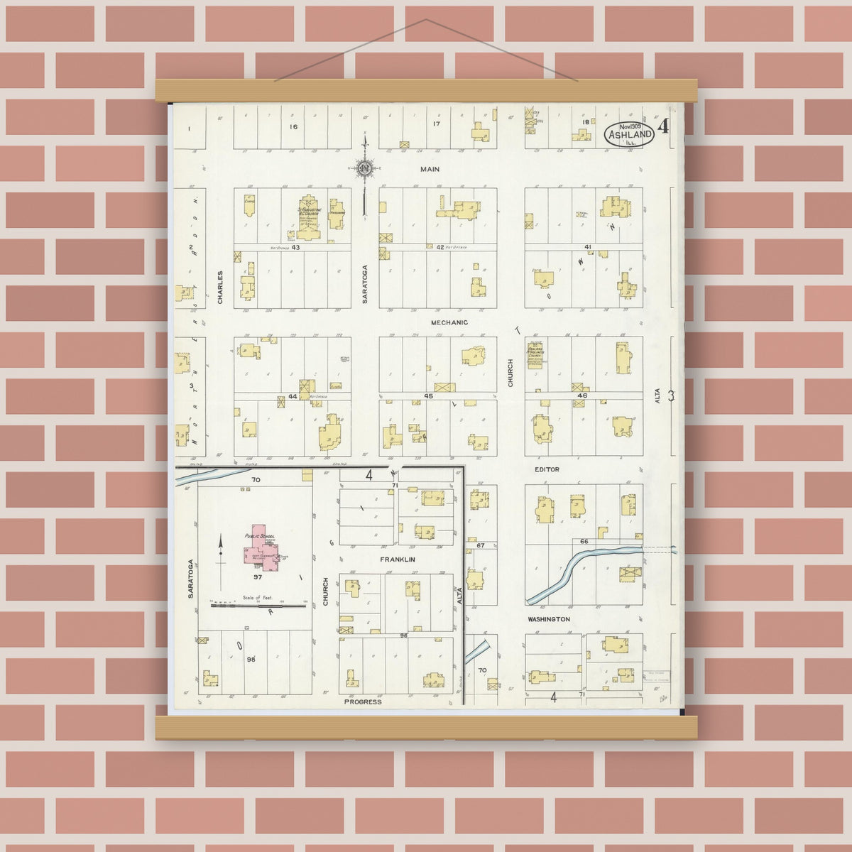 Old map wall art mockup — magnetic wood frame on brick wall — Sanborn Fire Insurance Map from Ashland, Cass County, Illinois (1909), Sheet #0004